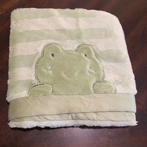 Carter's Baby Blanket Green Frog Striped Satin Trim & Back.